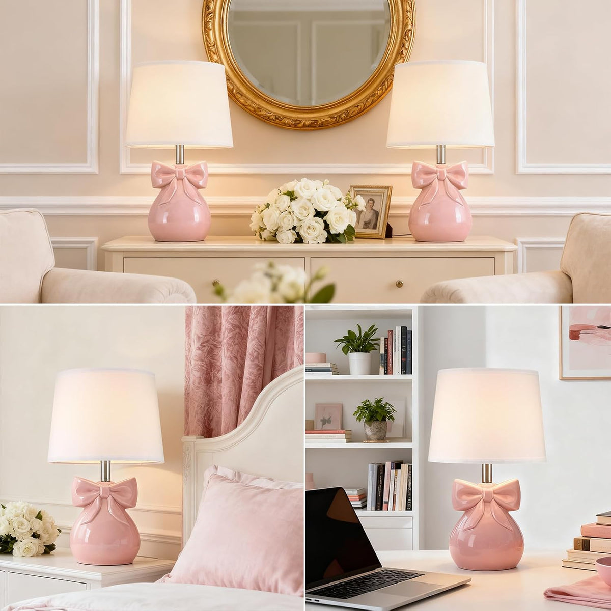 Pink Bow Table Lamp for Girl's Room, 19" Cute Lamp for Kids Bedroom