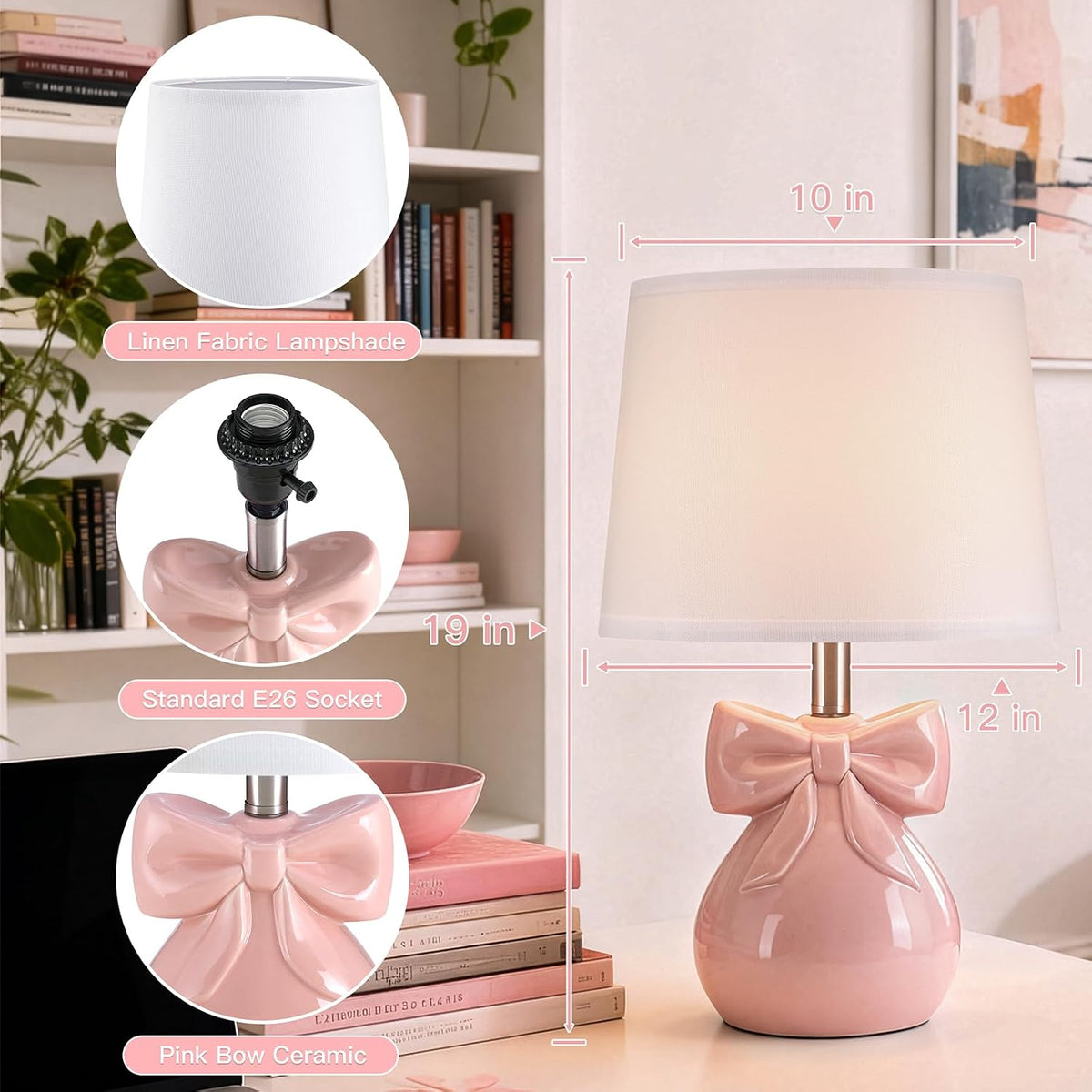 Pink Bow Table Lamp for Girl's Room, 19" Cute Lamp for Kids Bedroom