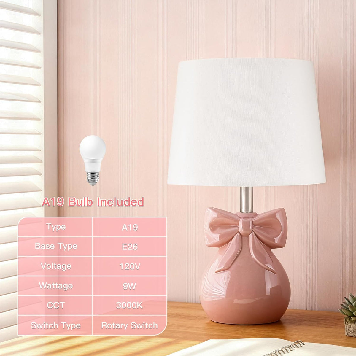Pink Bow Table Lamp for Girl's Room, 19" Cute Lamp for Kids Bedroom