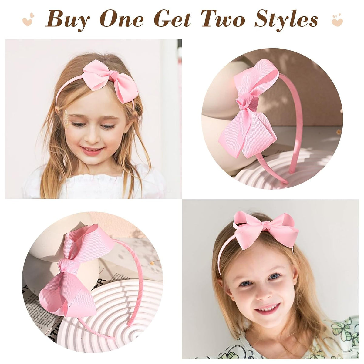 2 PCS 4" Light Pink Bow Headband Grosgrain Ribbon Hair Bows Hair Band Accessories Set of 2 -Light Pink