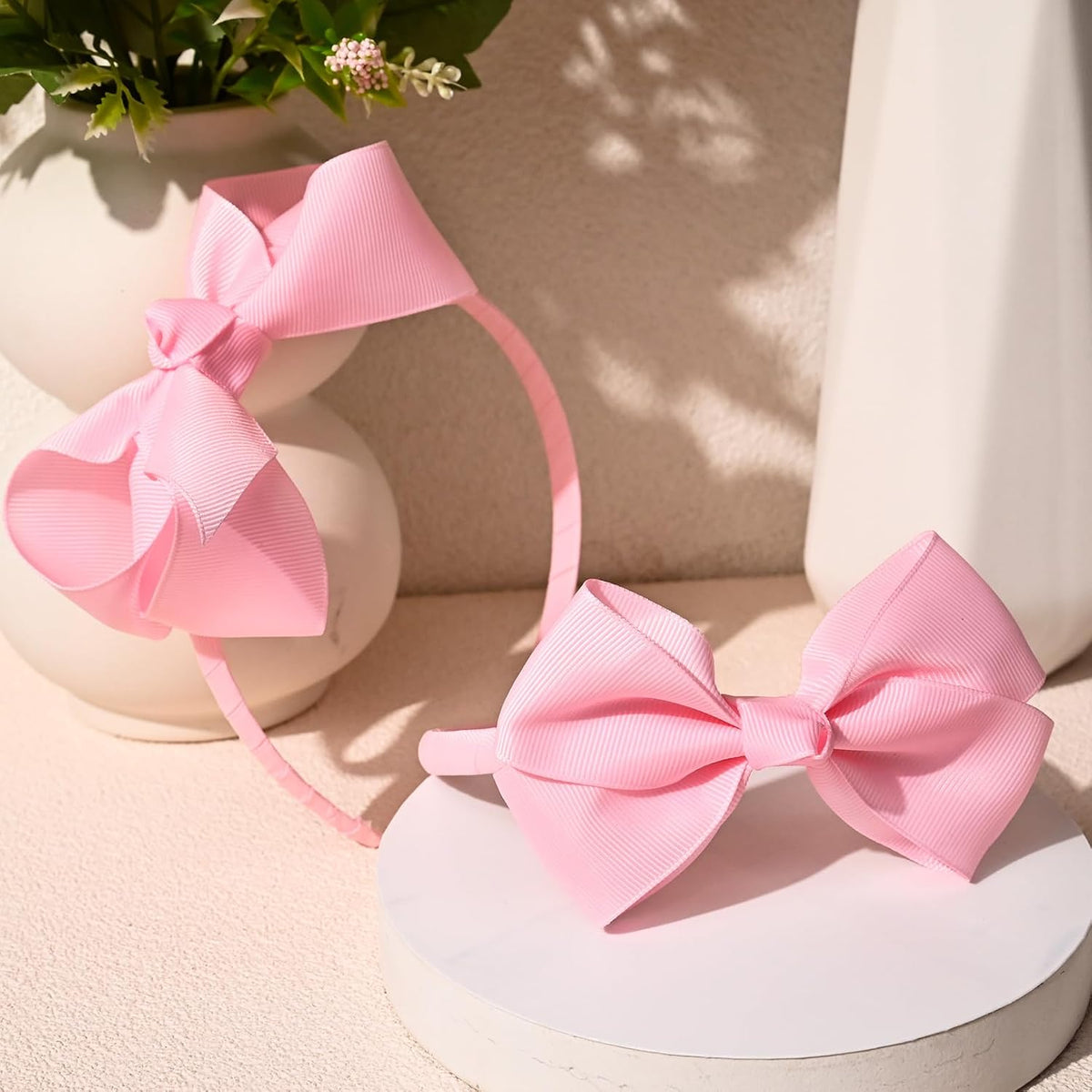 2 PCS 4" Light Pink Bow Headband Grosgrain Ribbon Hair Bows Hair Band Accessories Set of 2 -Light Pink
