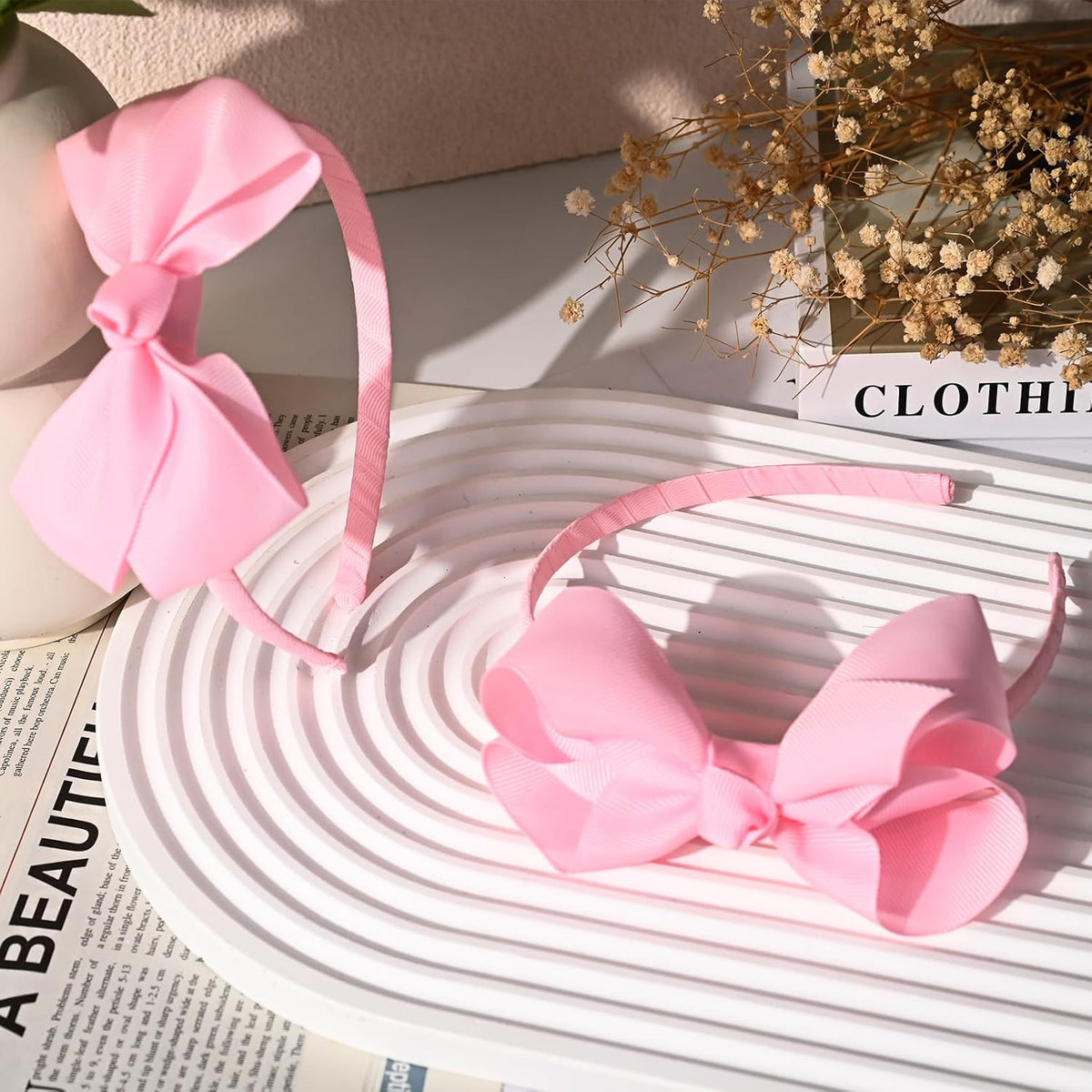 2 PCS 4" Light Pink Bow Headband Grosgrain Ribbon Hair Bows Hair Band Accessories Set of 2 -Light Pink