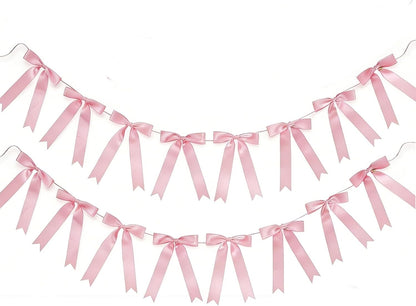 2 Strings 16pcs Pink Bow Garlands Banner, Pre-Strung Satin Ribbon Decor