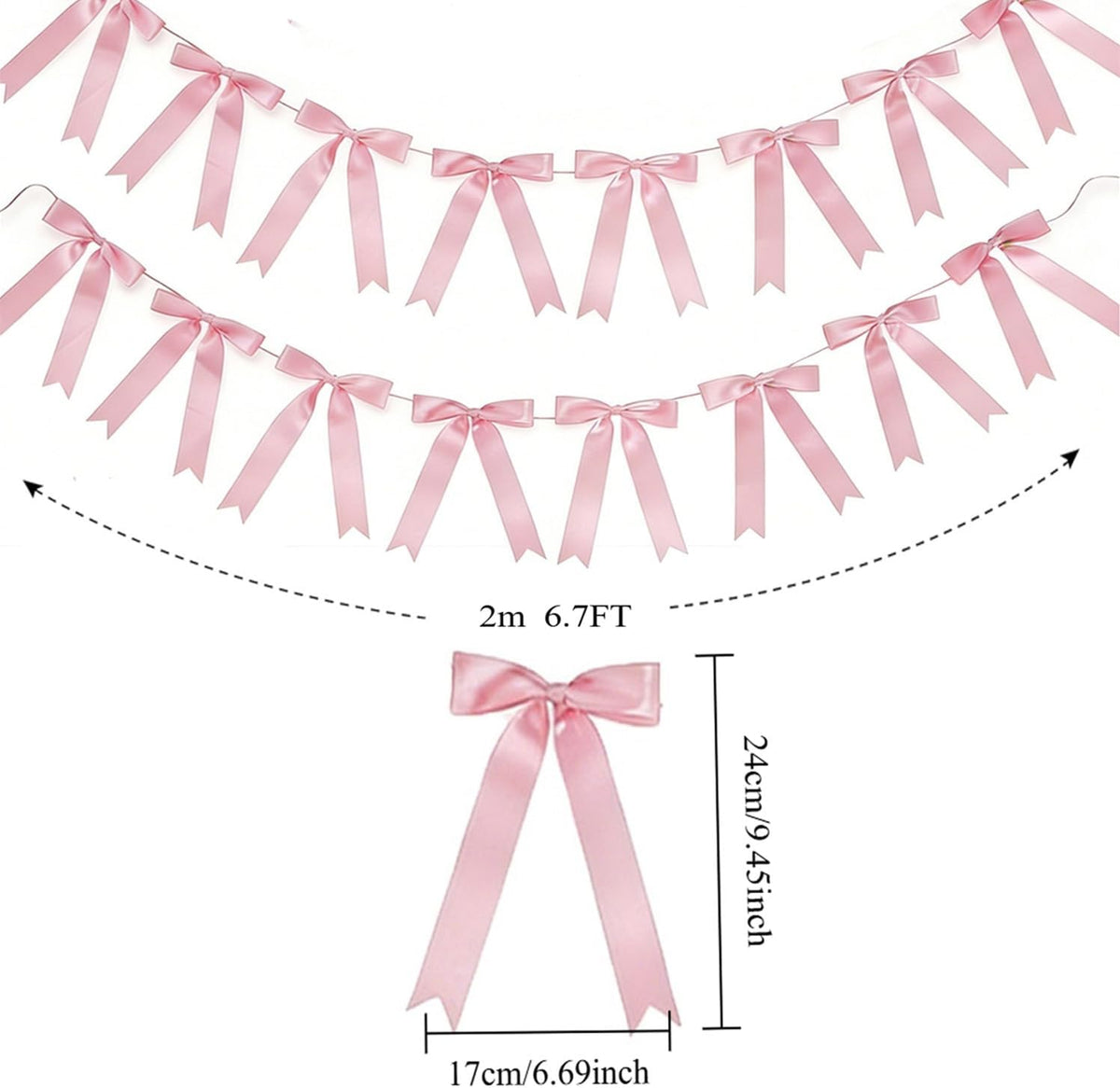 2 Strings 16pcs Pink Bow Garlands Banner, Pre-Strung Satin Ribbon Decor