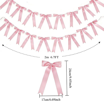 2 Strings 16pcs Pink Bow Garlands Banner, Pre-Strung Satin Ribbon Decor