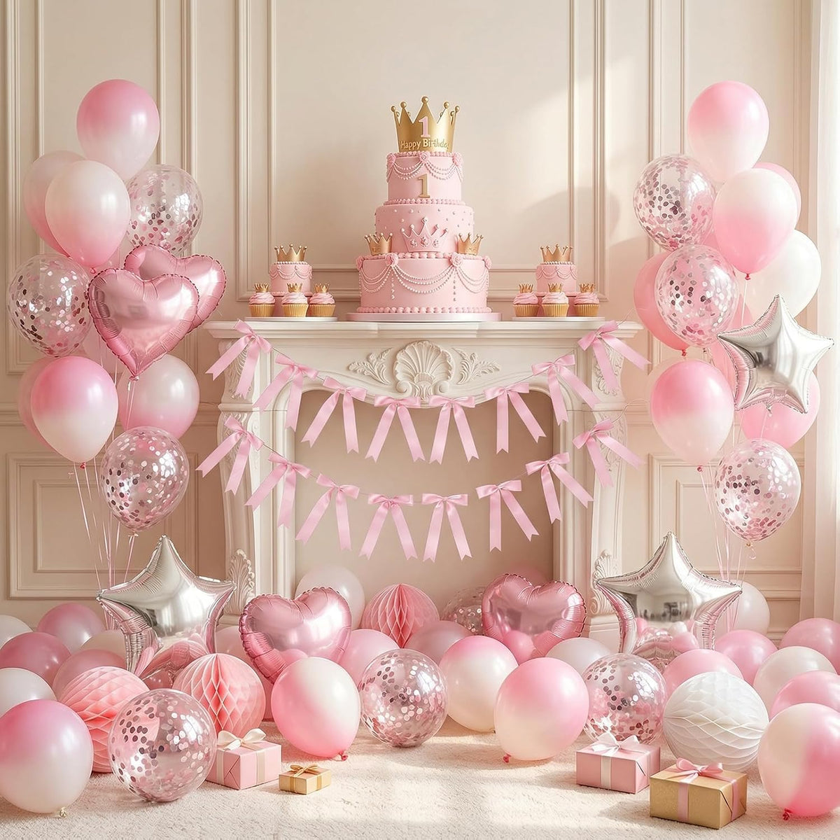2 Strings 16pcs Pink Bow Garlands Banner, Pre-Strung Satin Ribbon Decor