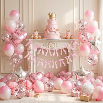 2 Strings 16pcs Pink Bow Garlands Banner, Pre-Strung Satin Ribbon Decor