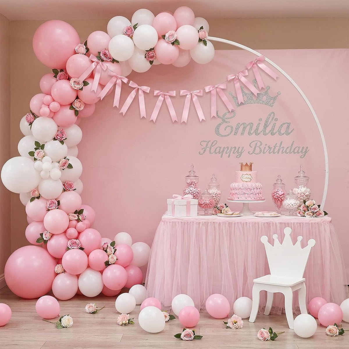 2 Strings 16pcs Pink Bow Garlands Banner, Pre-Strung Satin Ribbon Decor