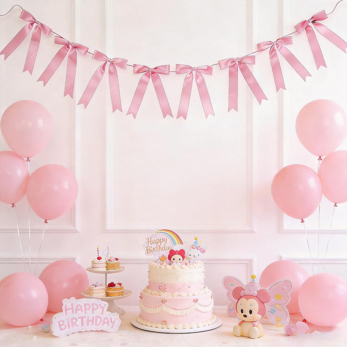 2 Strings 16pcs Pink Bow Garlands Banner, Pre-Strung Satin Ribbon Decor