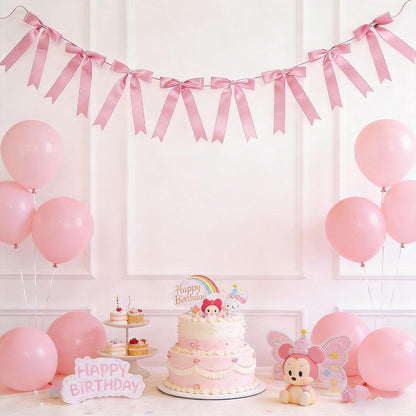 2 Strings 16pcs Pink Bow Garlands Banner, Pre-Strung Satin Ribbon Decor