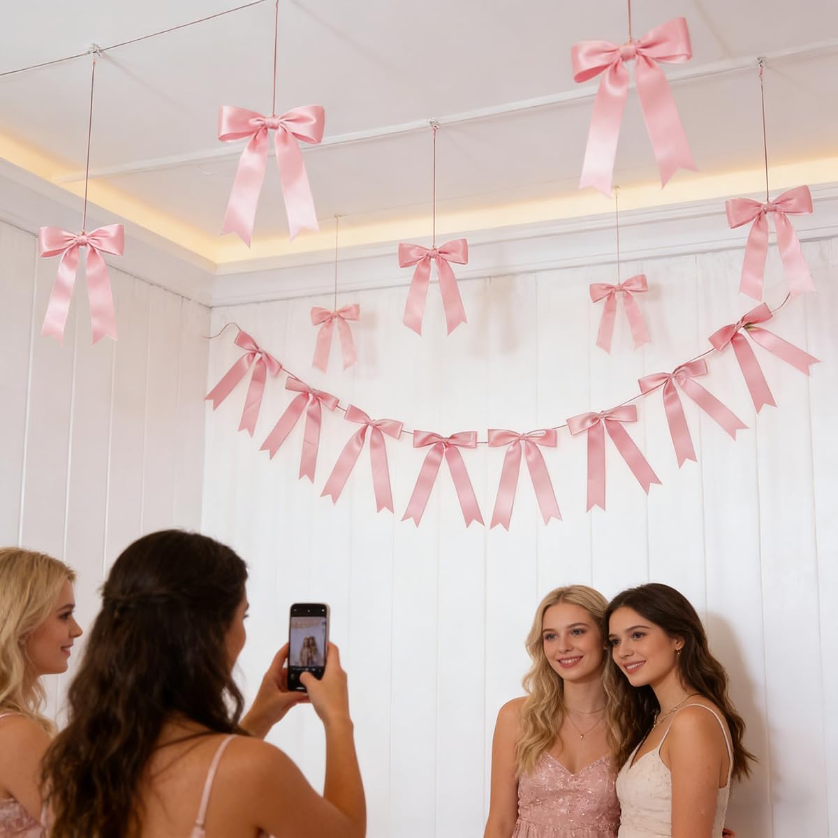 2 Strings 16pcs Pink Bow Garlands Banner, Pre-Strung Satin Ribbon Decor