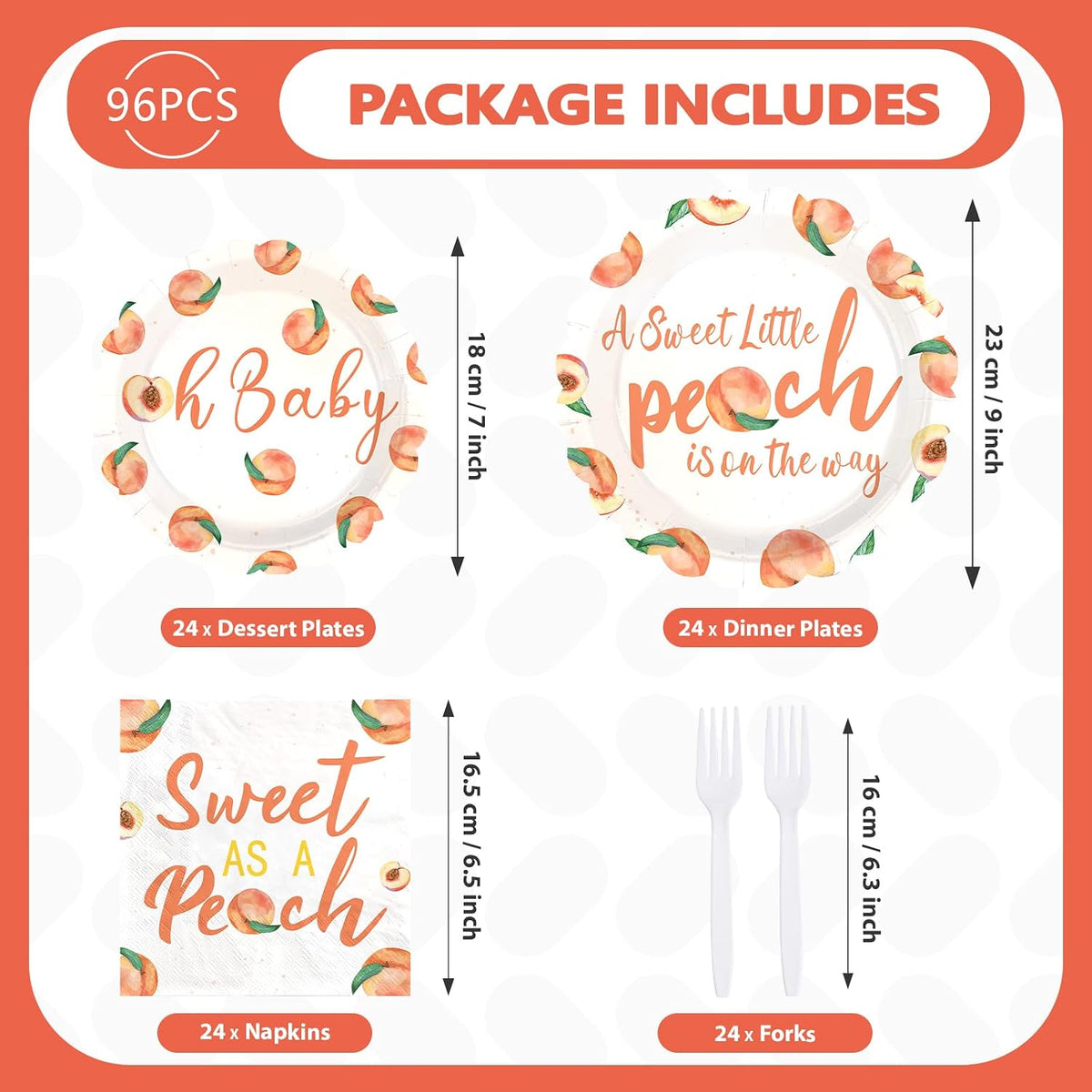 96Pcs Sweet As A Peach Baby Shower Party Supplies Serves 24