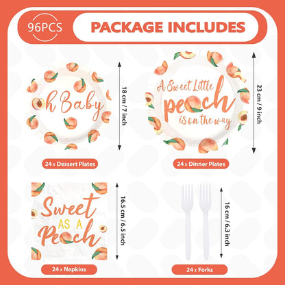 96Pcs Sweet As A Peach Baby Shower Party Supplies Serves 24