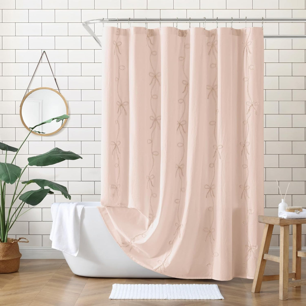 100% Cotton Fabric Shower Curtain for Bathroom, 72 x 72 inches, Blush Sasha Bows