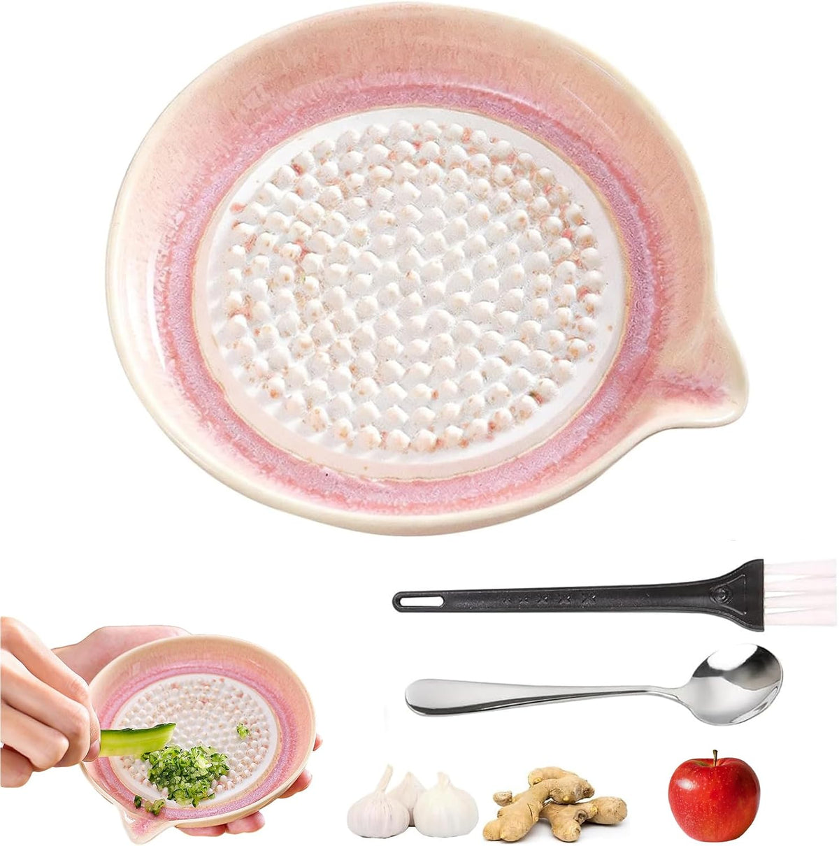 Gradient Ceramic Grater Plate – Handcrafted Multifunctional Grater for Ginger, Garlic，Cheese, Chocolate, Fruits & Vegetables – Unique Kiln-Fired Glaze, Easy-Pour Spout Includes Cleaning Brush (Pink)