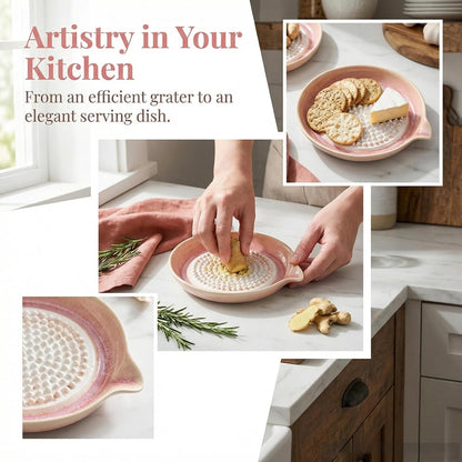 Gradient Ceramic Grater Plate – Handcrafted Multifunctional Grater for Ginger, Garlic，Cheese, Chocolate, Fruits & Vegetables – Unique Kiln-Fired Glaze, Easy-Pour Spout Includes Cleaning Brush (Pink)