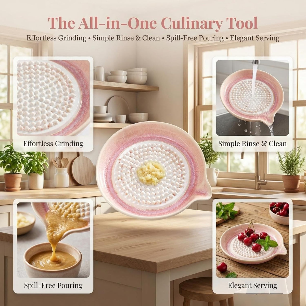 Gradient Ceramic Grater Plate – Handcrafted Multifunctional Grater for Ginger, Garlic，Cheese, Chocolate, Fruits & Vegetables – Unique Kiln-Fired Glaze, Easy-Pour Spout Includes Cleaning Brush (Pink)