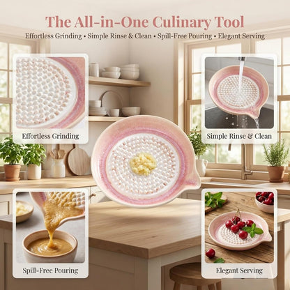 Gradient Ceramic Grater Plate – Handcrafted Multifunctional Grater for Ginger, Garlic，Cheese, Chocolate, Fruits & Vegetables – Unique Kiln-Fired Glaze, Easy-Pour Spout Includes Cleaning Brush (Pink)