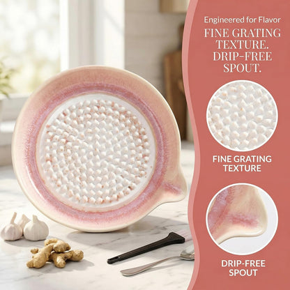 Gradient Ceramic Grater Plate – Handcrafted Multifunctional Grater for Ginger, Garlic，Cheese, Chocolate, Fruits & Vegetables – Unique Kiln-Fired Glaze, Easy-Pour Spout Includes Cleaning Brush (Pink)