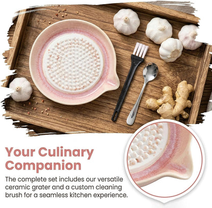 Gradient Ceramic Grater Plate – Handcrafted Multifunctional Grater for Ginger, Garlic，Cheese, Chocolate, Fruits & Vegetables – Unique Kiln-Fired Glaze, Easy-Pour Spout Includes Cleaning Brush (Pink)