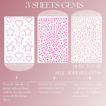 Pink Face Gems Self-Adhesive Hair Stickers Accessories for Women