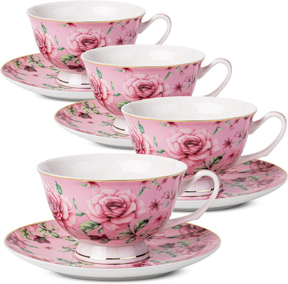 BTaT- Floral Tea Cups and Saucers, 8 oz, Fine Porcelain Teacup Set with Gold Trim for Afternoon Tea, Weddings, Parties & Gifting, Dishwasher Safe, Lightweight, Non-Toxic, Set of 4
