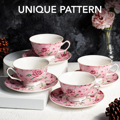 BTaT- Floral Tea Cups and Saucers, 8 oz, Fine Porcelain Teacup Set with Gold Trim for Afternoon Tea, Weddings, Parties & Gifting, Dishwasher Safe, Lightweight, Non-Toxic, Set of 4