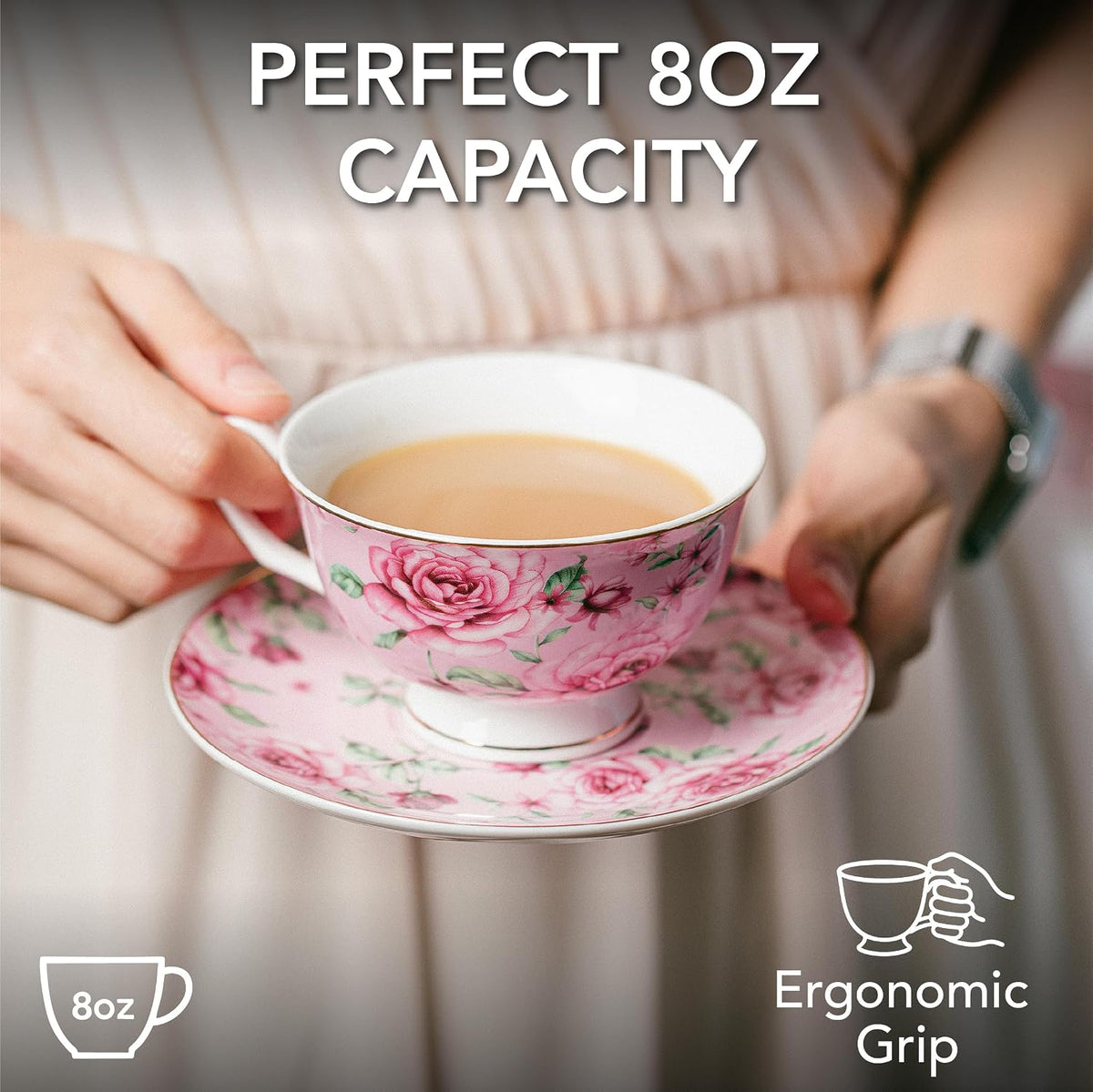 BTaT- Floral Tea Cups and Saucers, 8 oz, Fine Porcelain Teacup Set with Gold Trim for Afternoon Tea, Weddings, Parties & Gifting, Dishwasher Safe, Lightweight, Non-Toxic, Set of 4