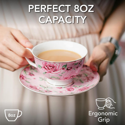 BTaT- Floral Tea Cups and Saucers, 8 oz, Fine Porcelain Teacup Set with Gold Trim for Afternoon Tea, Weddings, Parties & Gifting, Dishwasher Safe, Lightweight, Non-Toxic, Set of 4