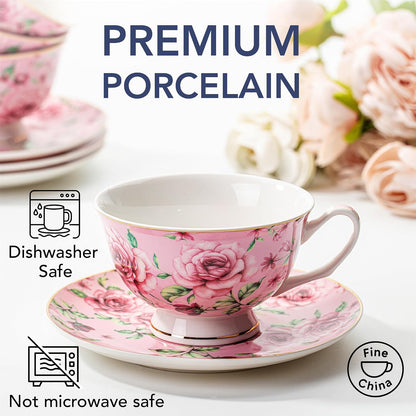 BTaT- Floral Tea Cups and Saucers, 8 oz, Fine Porcelain Teacup Set with Gold Trim for Afternoon Tea, Weddings, Parties & Gifting, Dishwasher Safe, Lightweight, Non-Toxic, Set of 4