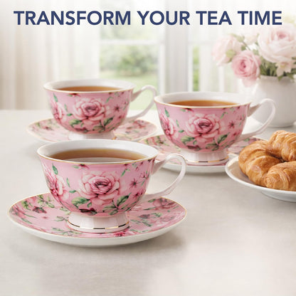 BTaT- Floral Tea Cups and Saucers, 8 oz, Fine Porcelain Teacup Set with Gold Trim for Afternoon Tea, Weddings, Parties & Gifting, Dishwasher Safe, Lightweight, Non-Toxic, Set of 4
