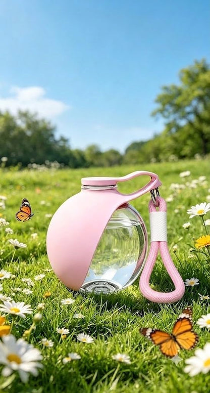 2-in-1 Portable Dog Water Bottle with Foldable Bowl, Leak-Proof Pet Travel Water Dispenser with Carry Strap, Lightweight Drinking Bottle for Dogs and Cats, Walking, Hiking and Outdoor Use Plastic Pink