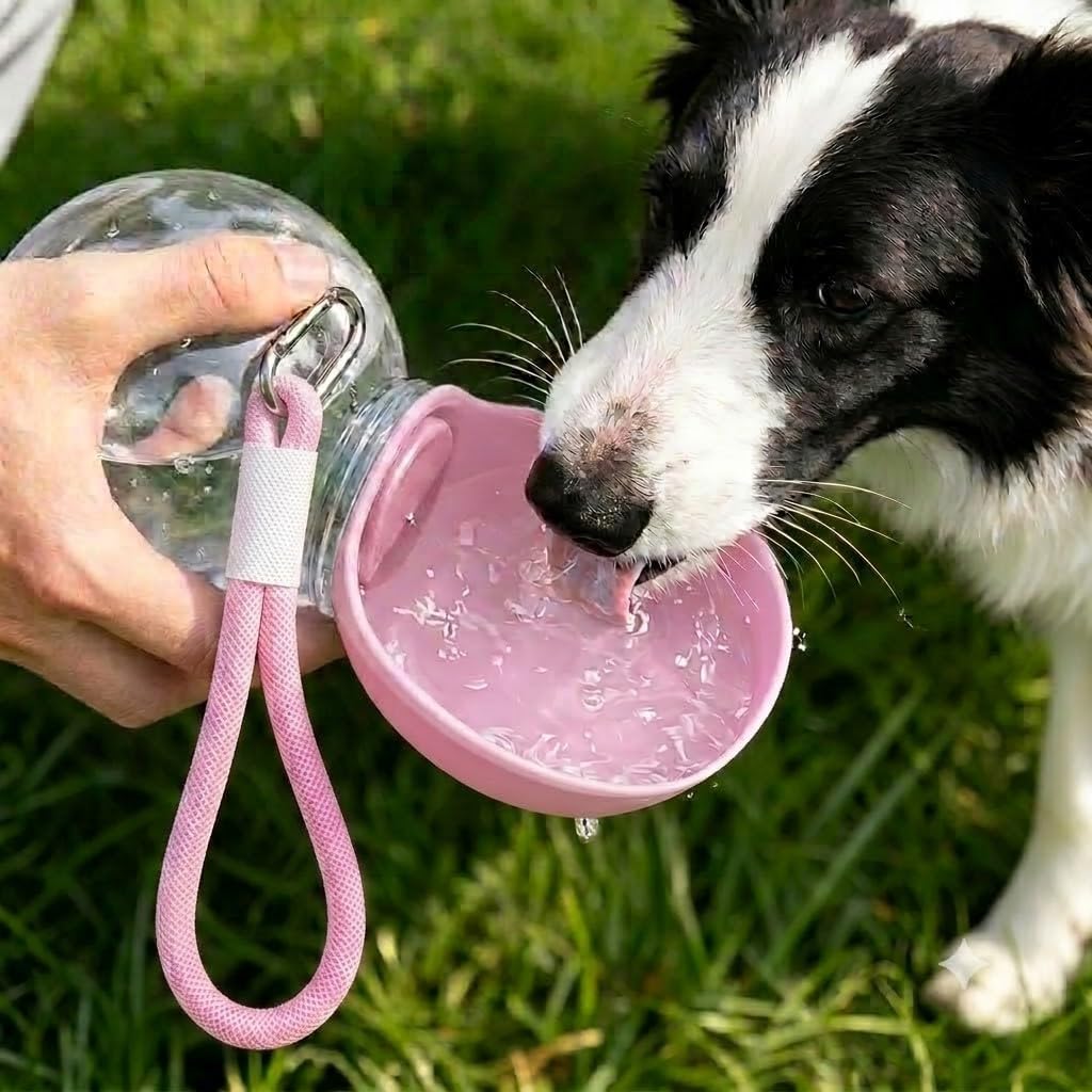 2-in-1 Portable Dog Water Bottle with Foldable Bowl, Leak-Proof Pet Travel Water Dispenser with Carry Strap, Lightweight Drinking Bottle for Dogs and Cats, Walking, Hiking and Outdoor Use Plastic Pink