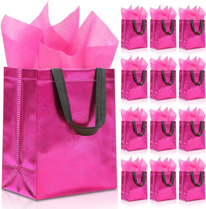 12pcs Reusable Gift Bags（Includes Tissue Paper） Gift bag with handle Birthdays Parties Holidays Weddings Medium 10x4x8in pink Gift Bags