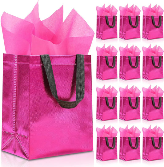 12pcs Reusable Gift Bags（Includes Tissue Paper） Gift bag with handle Birthdays Parties Holidays Weddings Medium 10x4x8in pink Gift Bags