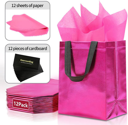 12pcs Reusable Gift Bags（Includes Tissue Paper） Gift bag with handle Birthdays Parties Holidays Weddings Medium 10x4x8in pink Gift Bags