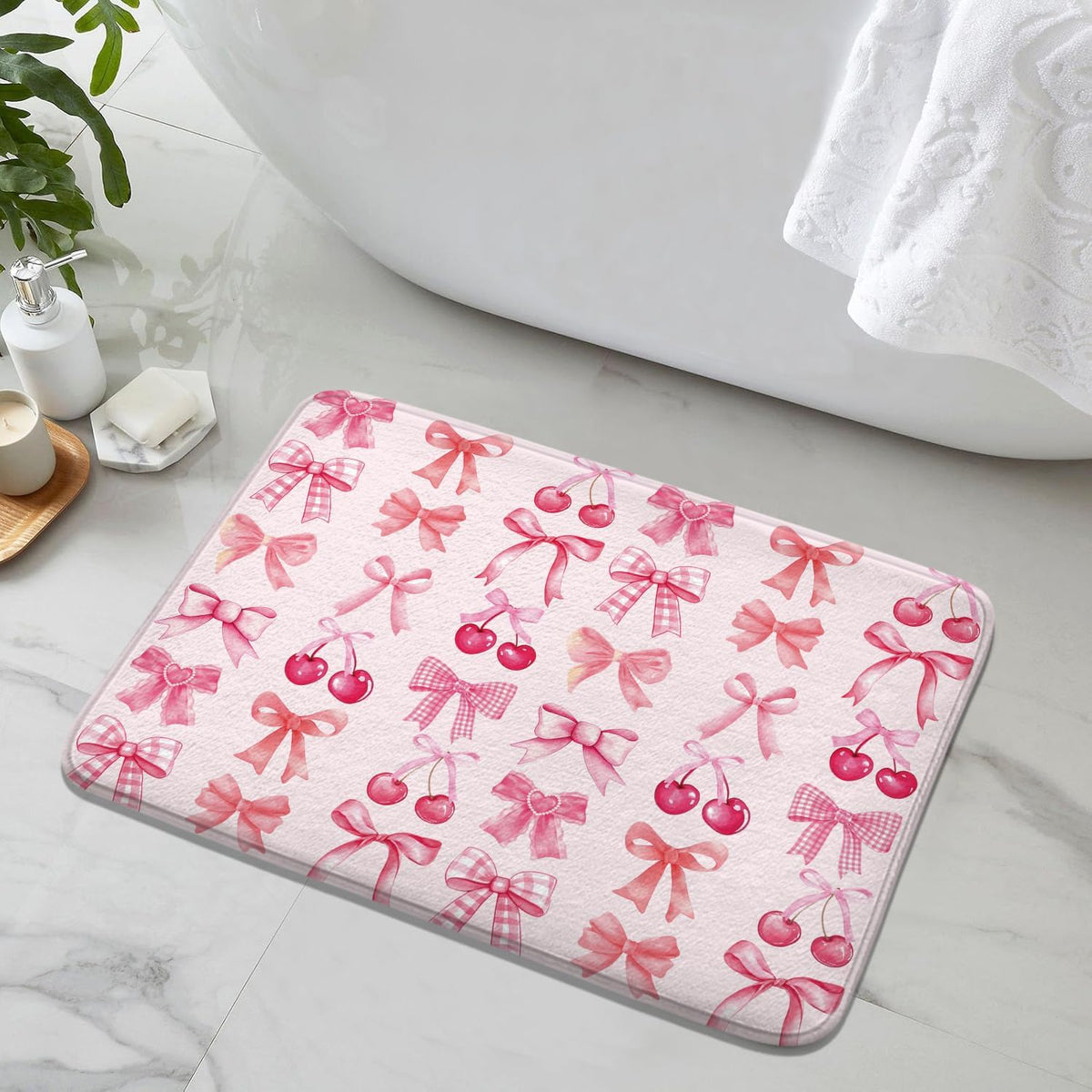 Red Cherry Pink Bow Cute Fruit Watercolor Bath Rug, Non-Slip Microfiber Soft Plush Modern Bathroom Mat Carpets Floor Mat for Bedroom Kitchen Bathroom Toilet 17x29 Inch