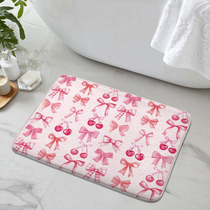 Red Cherry Pink Bow Cute Fruit Watercolor Bath Rug, Non-Slip Microfiber Soft Plush Modern Bathroom Mat Carpets Floor Mat for Bedroom Kitchen Bathroom Toilet 17x29 Inch