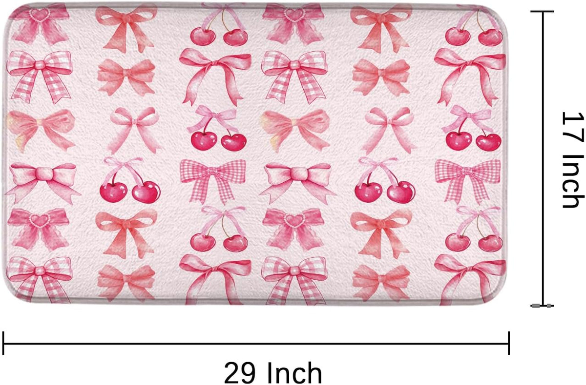 Red Cherry Pink Bow Cute Fruit Watercolor Bath Rug, Non-Slip Microfiber Soft Plush Modern Bathroom Mat Carpets Floor Mat for Bedroom Kitchen Bathroom Toilet 17x29 Inch