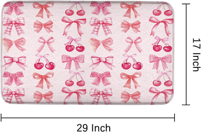 Red Cherry Pink Bow Cute Fruit Watercolor Bath Rug, Non-Slip Microfiber Soft Plush Modern Bathroom Mat Carpets Floor Mat for Bedroom Kitchen Bathroom Toilet 17x29 Inch