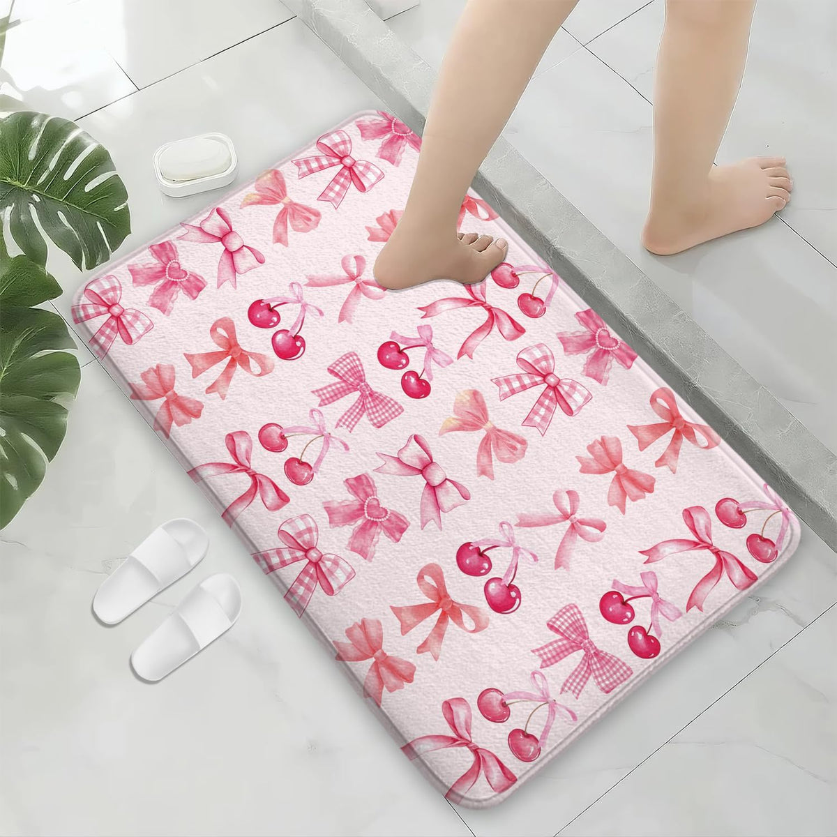 Red Cherry Pink Bow Cute Fruit Watercolor Bath Rug, Non-Slip Microfiber Soft Plush Modern Bathroom Mat Carpets Floor Mat for Bedroom Kitchen Bathroom Toilet 17x29 Inch