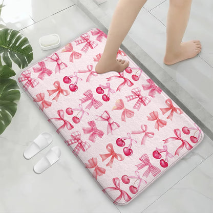 Red Cherry Pink Bow Cute Fruit Watercolor Bath Rug, Non-Slip Microfiber Soft Plush Modern Bathroom Mat Carpets Floor Mat for Bedroom Kitchen Bathroom Toilet 17x29 Inch
