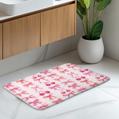 Red Cherry Pink Bow Cute Fruit Watercolor Bath Rug, Non-Slip Microfiber Soft Plush Modern Bathroom Mat Carpets Floor Mat for Bedroom Kitchen Bathroom Toilet 17x29 Inch