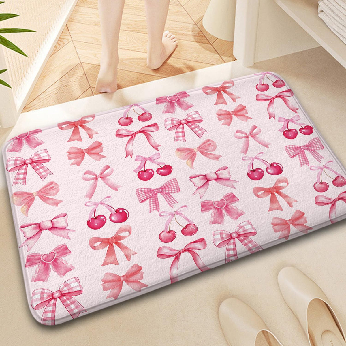 Red Cherry Pink Bow Cute Fruit Watercolor Bath Rug, Non-Slip Microfiber Soft Plush Modern Bathroom Mat Carpets Floor Mat for Bedroom Kitchen Bathroom Toilet 17x29 Inch