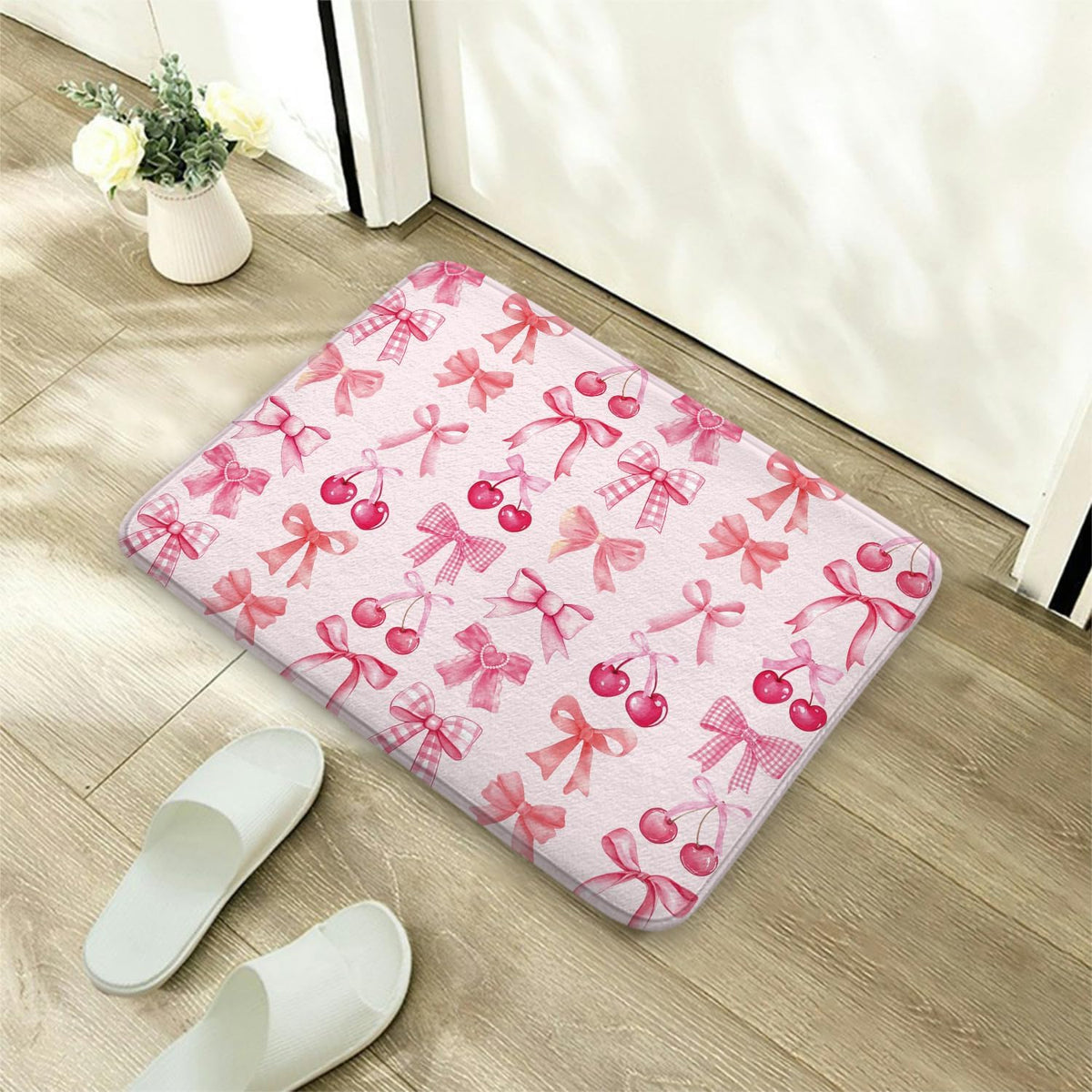 Red Cherry Pink Bow Cute Fruit Watercolor Bath Rug, Non-Slip Microfiber Soft Plush Modern Bathroom Mat Carpets Floor Mat for Bedroom Kitchen Bathroom Toilet 17x29 Inch