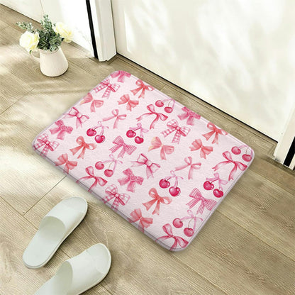 Red Cherry Pink Bow Cute Fruit Watercolor Bath Rug, Non-Slip Microfiber Soft Plush Modern Bathroom Mat Carpets Floor Mat for Bedroom Kitchen Bathroom Toilet 17x29 Inch