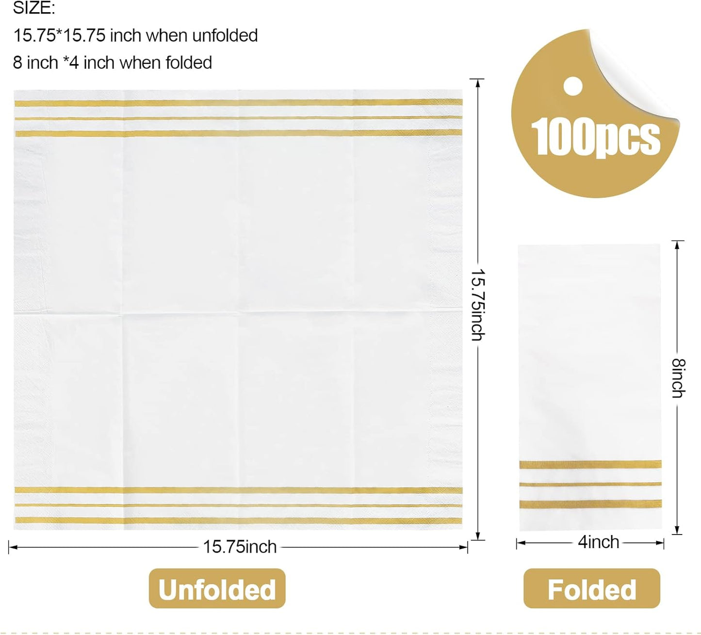 100 Pcs White and Gold napkins, Dinner Paper Napkins Disposable Hand Towels for Bathroom, Soft, Absorbent, Gold Party Wedding Napkins for Kitchen, Parties, Dinners or Events (Yellow, 100)