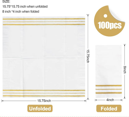 100 Pcs White and Gold napkins, Dinner Paper Napkins Disposable Hand Towels for Bathroom, Soft, Absorbent, Gold Party Wedding Napkins for Kitchen, Parties, Dinners or Events (Yellow, 100)