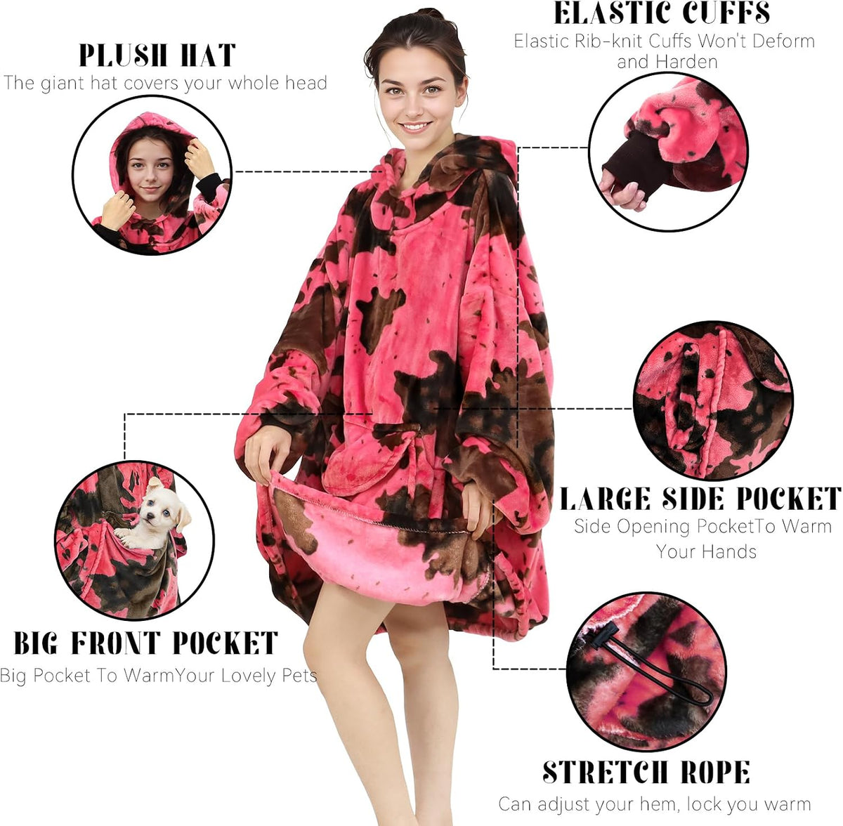 Pink Blanket Hoodie for Women & Teen Girls - Adult Wearable Hooded Blanket Sweatshirt with Giant Pocket, Cozy Fleece Plush Gifts for Women Girls Birthday