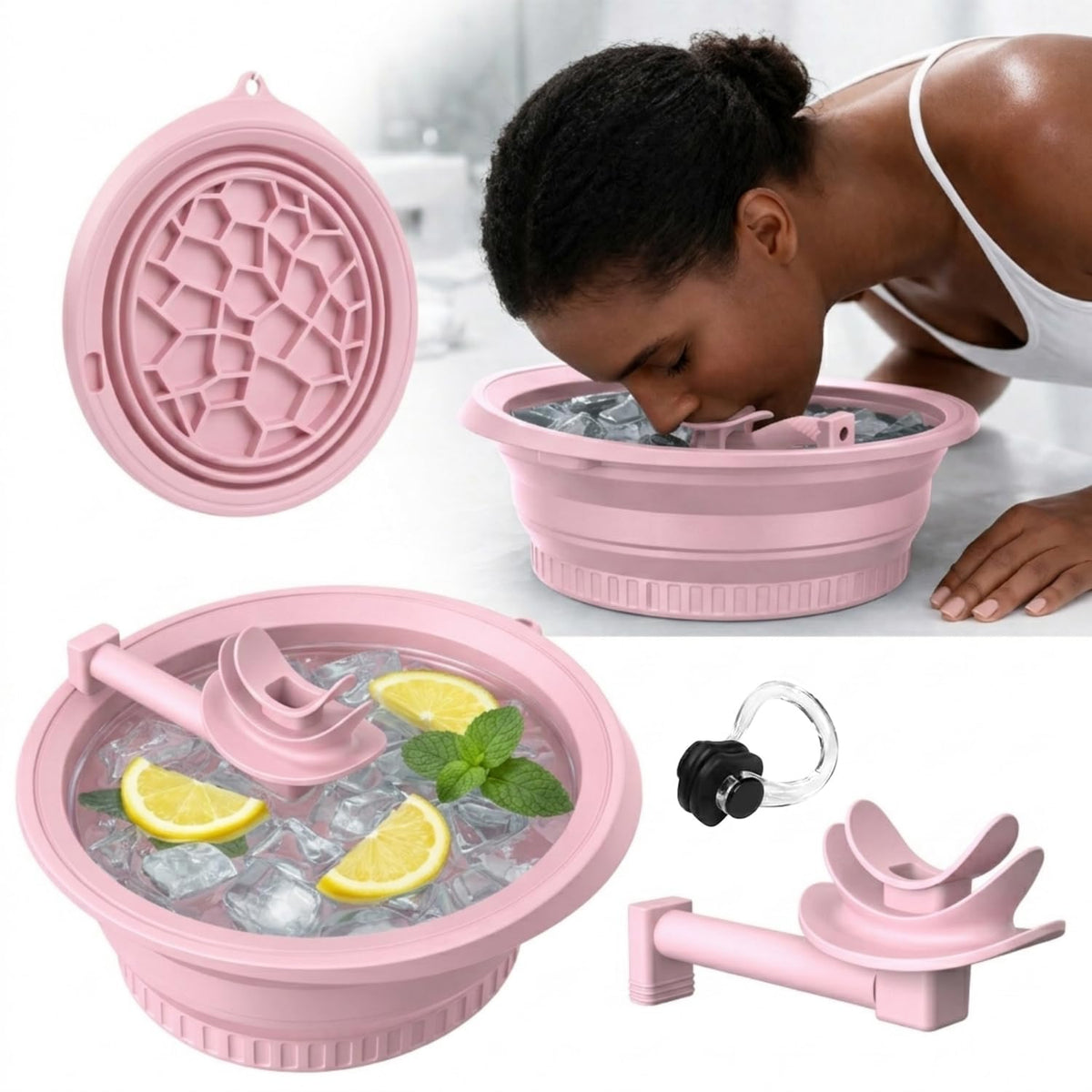 Face Ice Bath Bowl with Ice Tray & Breathable Hose, Foldable Silicone Pink
